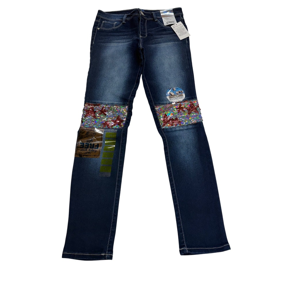 SQZ Stretch Denim Jeans Mid Night Dark Sequin Star Flip Inset Girls Size 14